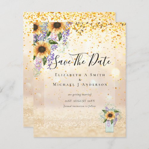 BUDGET SAVE THE DATES Rustic Sunflowers Purple