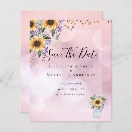 BUDGET SAVE THE DATES Rustic Sunflowers Purple