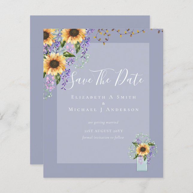 BUDGET SAVE THE DATES Rustic Sunflowers Purple (Front/Back)