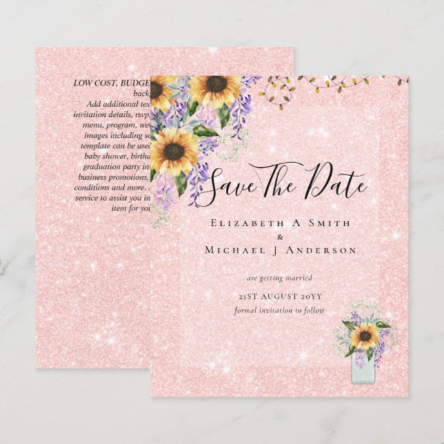 BUDGET SAVE THE DATES Rustic Sunflowers Purple (Front/Back)