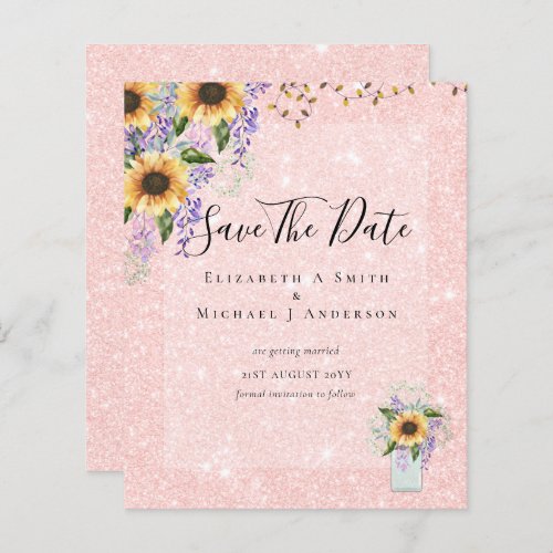 BUDGET SAVE THE DATES Rustic Sunflowers Purple