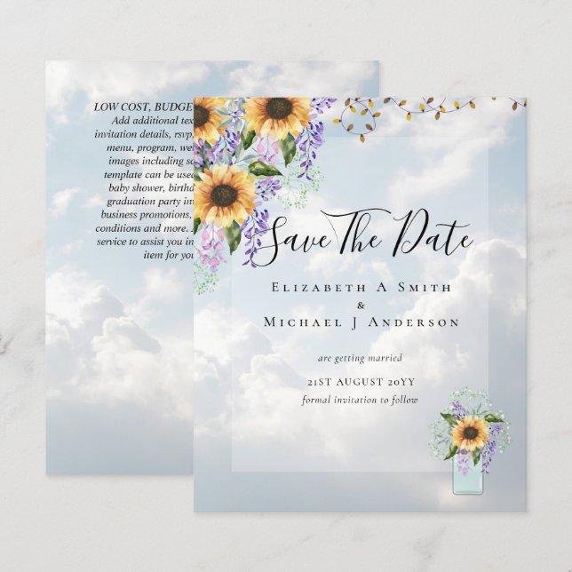 BUDGET SAVE THE DATES Rustic Sunflowers Purple (Front/Back)