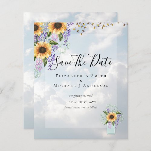 BUDGET SAVE THE DATES Rustic Sunflowers Purple