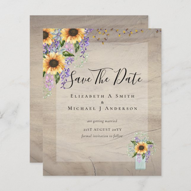BUDGET SAVE THE DATES Rustic Sunflowers Purple (Front/Back)