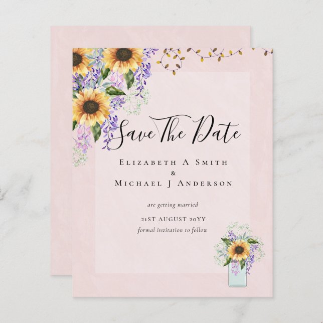 BUDGET SAVE THE DATES Rustic Sunflowers Purple (Front/Back)