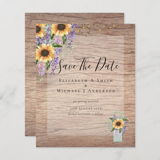 BUDGET SAVE THE DATES Rustic Sunflowers Purple (Front/Back)