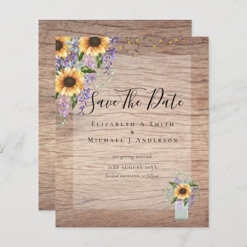 BUDGET SAVE THE DATES Rustic Sunflowers Purple