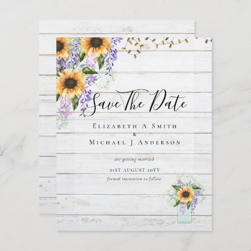 BUDGET SAVE THE DATES Rustic Sunflowers Purple