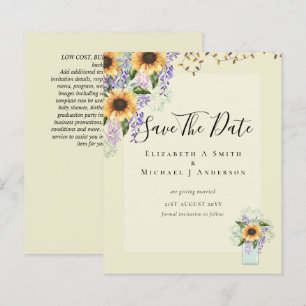 BUDGET SAVE THE DATES Rustic Sunflowers Purple