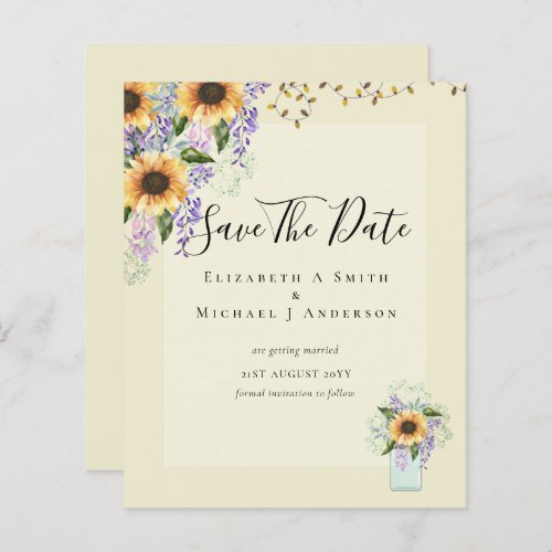 BUDGET SAVE THE DATES Rustic Sunflowers Purple