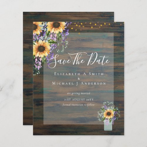 BUDGET SAVE THE DATES Rustic Sunflowers Purple