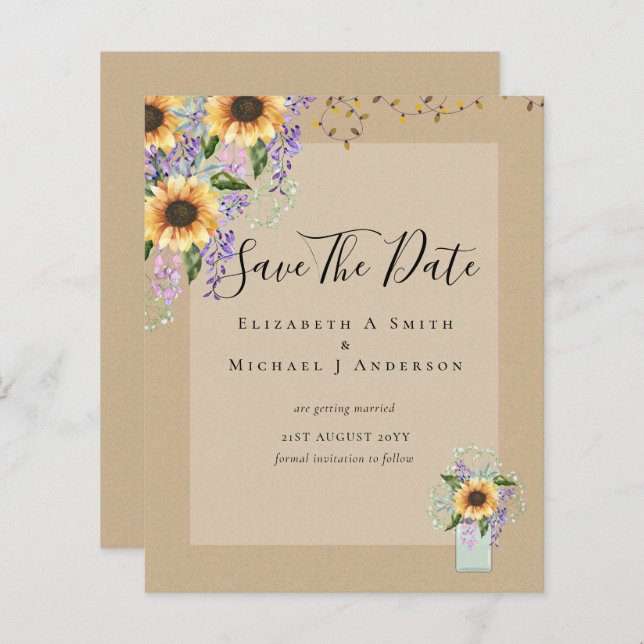 BUDGET SAVE THE DATES Rustic Sunflowers Purple (Front/Back)