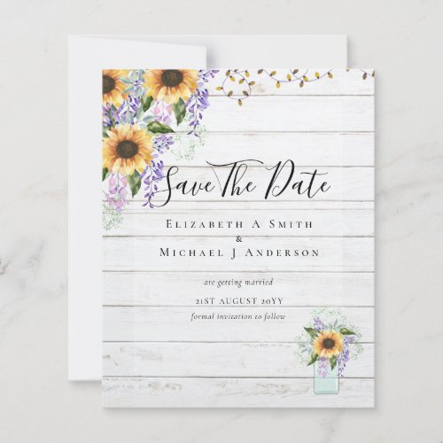 BUDGET SAVE THE DATES Rustic Sunflowers Purple Fly