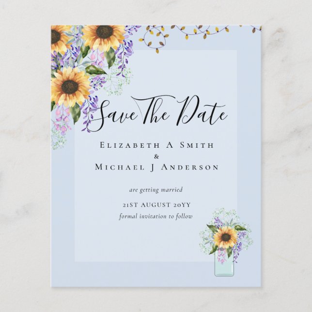 BUDGET SAVE THE DATES Rustic Sunflowers Purple Flyer (Front)