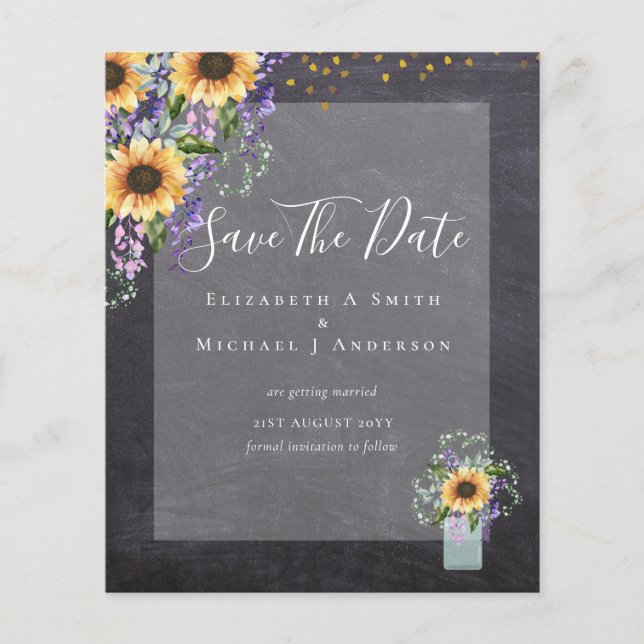 BUDGET SAVE THE DATES Rustic Sunflowers Purple Flyer (Front)