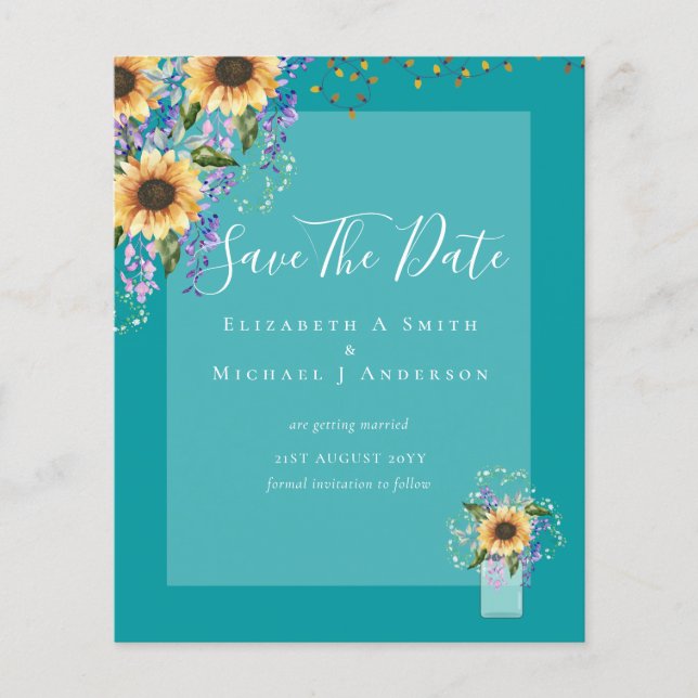 BUDGET SAVE THE DATES Rustic Sunflowers Purple Flyer (Front)