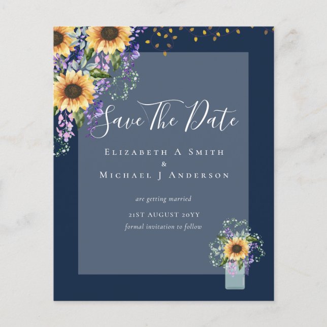 BUDGET SAVE THE DATES Rustic Sunflowers Purple Flyer (Front)