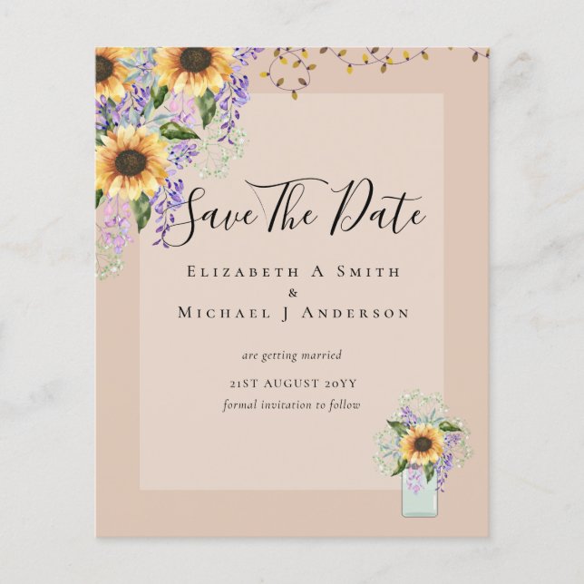 BUDGET SAVE THE DATES Rustic Sunflowers Purple Flyer (Front)