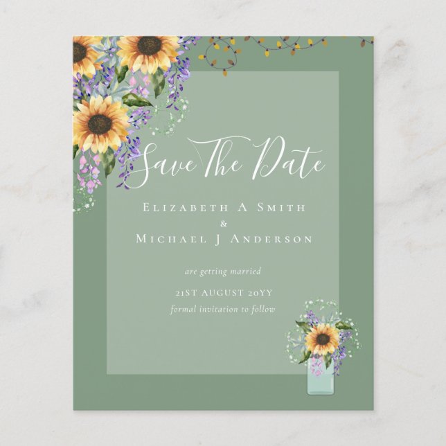 BUDGET SAVE THE DATES Rustic Sunflowers Purple Flyer (Front)