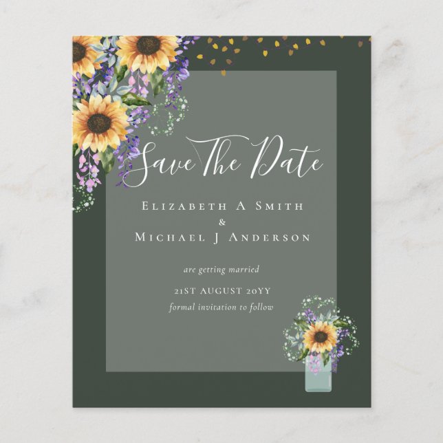 BUDGET SAVE THE DATES Rustic Sunflowers Purple Flyer (Front)