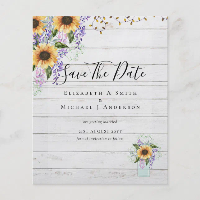 budget-save-the-dates-rustic-sunflowers-purple-flyer-zazzle
