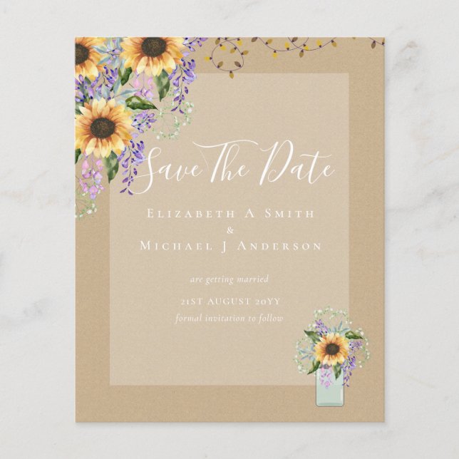 BUDGET SAVE THE DATES Rustic Sunflowers Purple Flyer (Front)