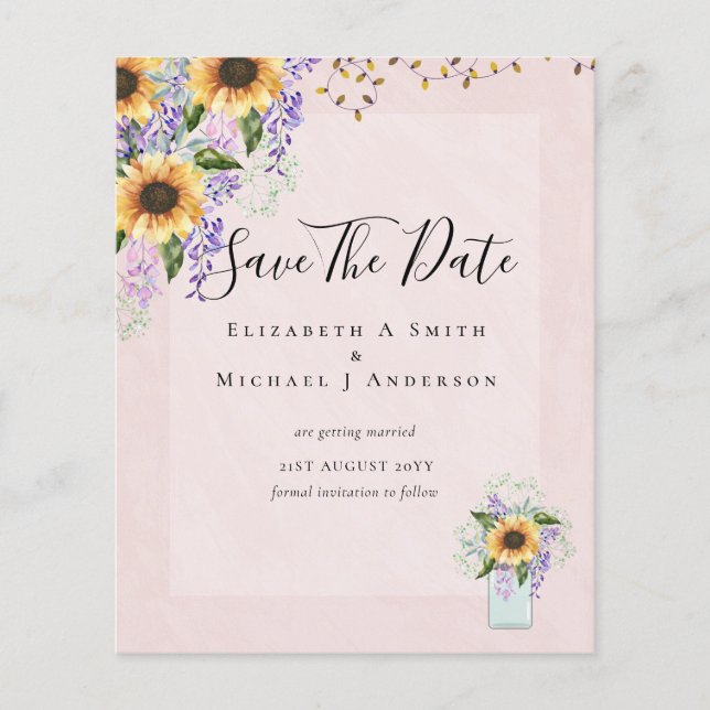 BUDGET SAVE THE DATES Rustic Sunflowers Purple Flyer (Front)