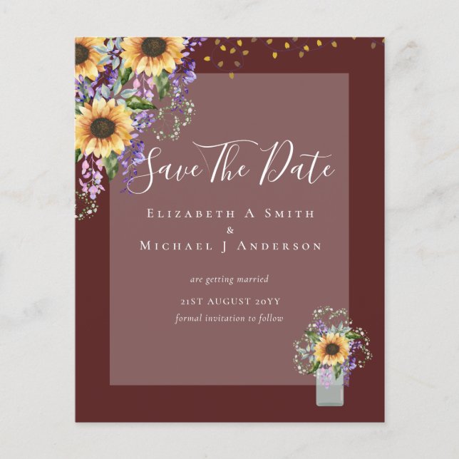 BUDGET SAVE THE DATES Rustic Sunflowers Purple Flyer (Front)