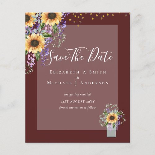 BUDGET SAVE THE DATES Rustic Sunflowers Purple Flyer