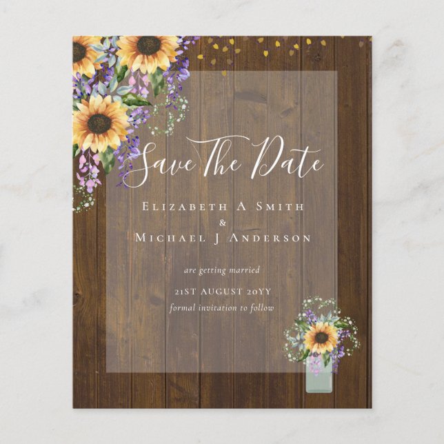 BUDGET SAVE THE DATES Rustic Sunflowers Purple Flyer (Front)