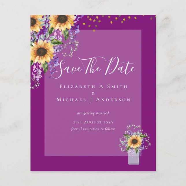 BUDGET SAVE THE DATES Rustic Sunflowers Purple Flyer (Front)