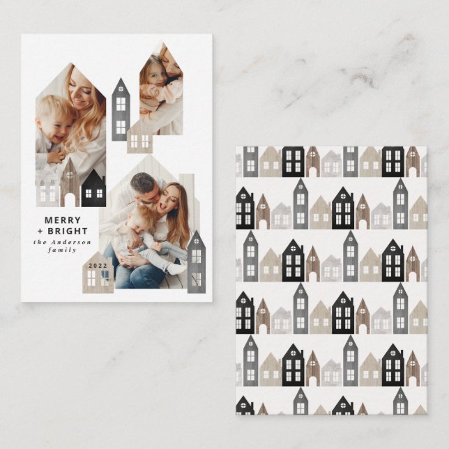 budget scandi Christmas Nordic houses 3 photo chic Note Card (Front/Back)