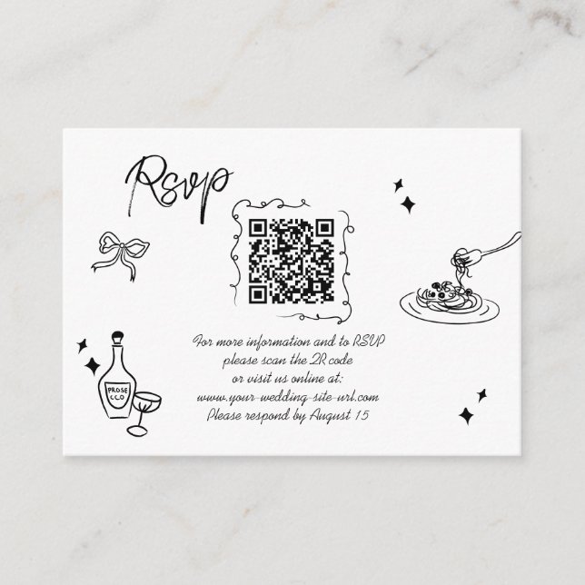 BUDGET Scribble Doodle Script Wedding QR Code Enclosure Card (Front)
