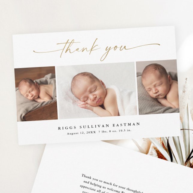 Budget Script 3 Photo Baby Announcement Thank You (Elegant gold script 3 photo collage baby budget thank you card birth announcement.)