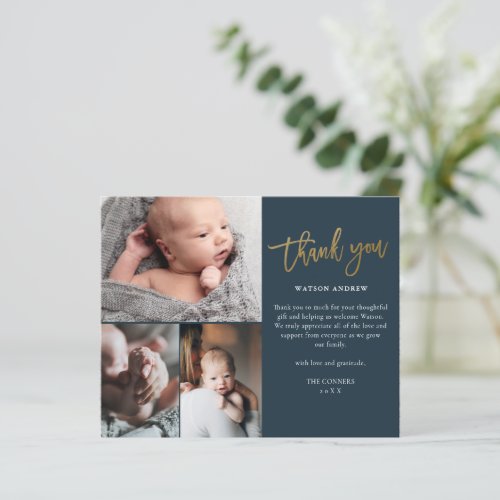 Budget Script 3 Photo Baby Thank You Card