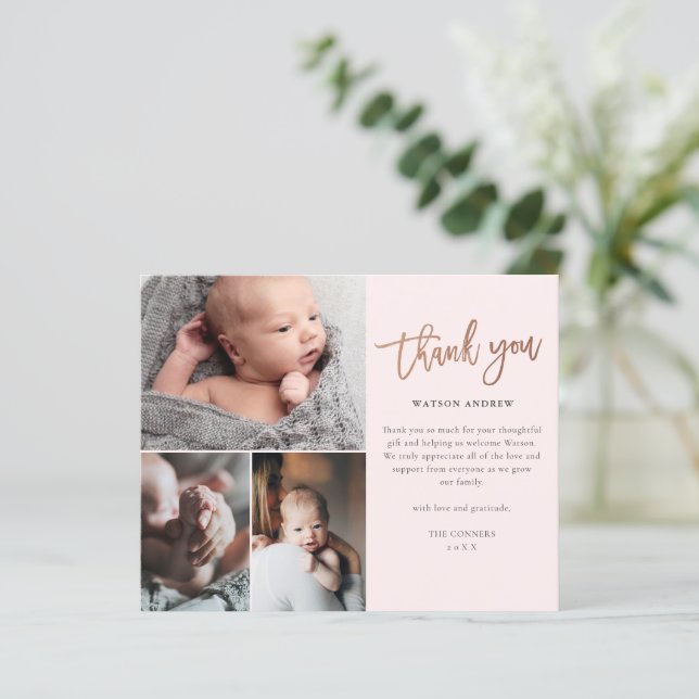 Budget Script 3 Photo Baby Thank You Card (Standing Front)
