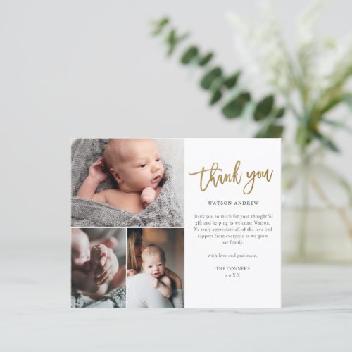 Budget Script 3 Photo Baby Thank You Card