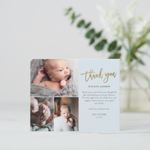 Budget Script 3 Photo Baby Thank You Card