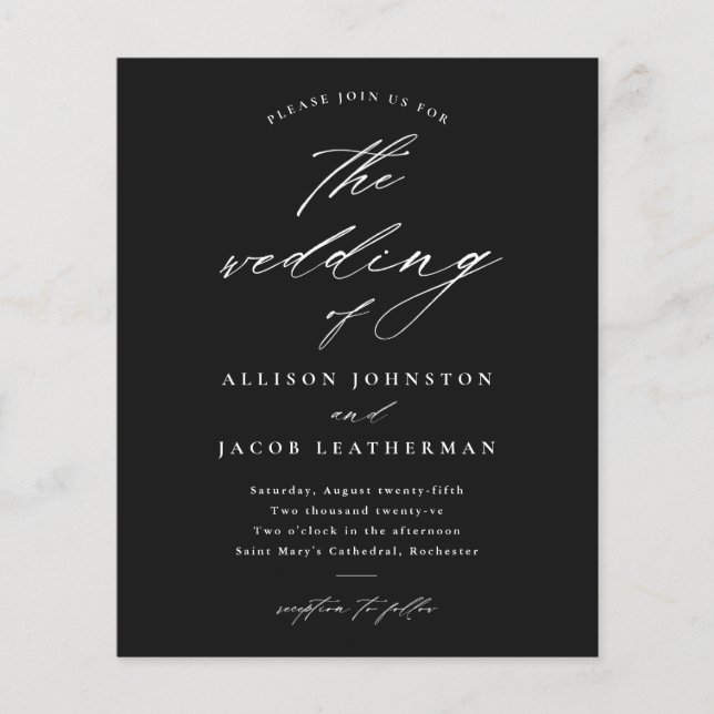 Budget Script Black and White Wedding Invitation (Front)