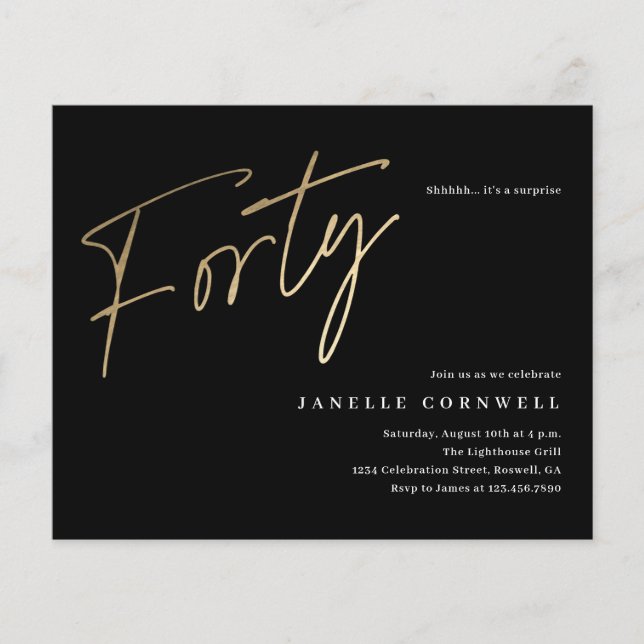 Budget Script Black Gold 40th Birthday Invitation (Front)