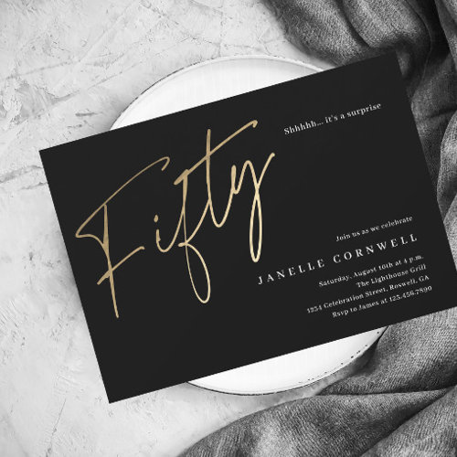 Budget Script Black Gold 50th Birthday Invitation