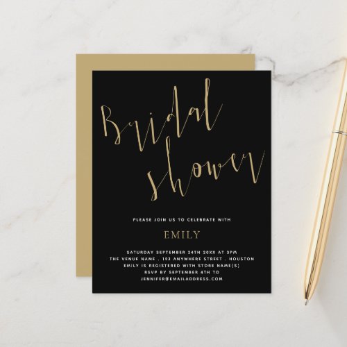 Budget Script Bridal Shower Gold Black Invitation