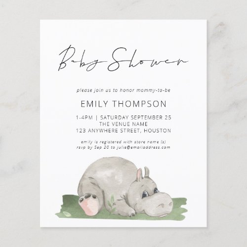 Budget Script Cute Hippo Baby Shower Invitation