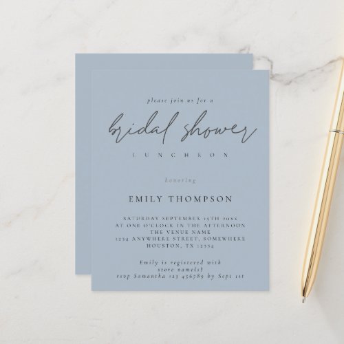 Budget Script Dusty Blue Bridal Shower Invite