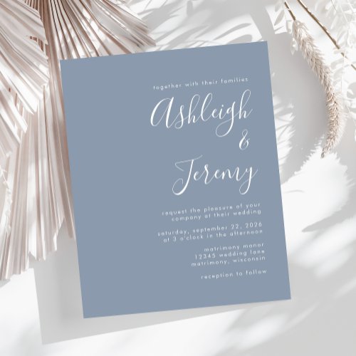 Budget Script Dusty Blue Wedding Invitation