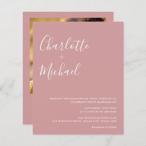 Budget Script Dusty Rose Photo Wedding Invitation