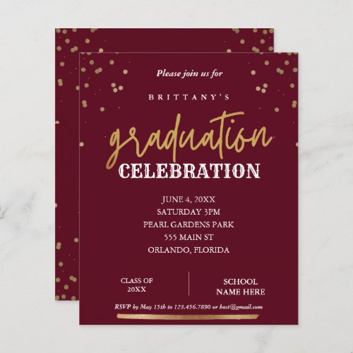 Budget Script Elegant Red Gold Graduation Invite