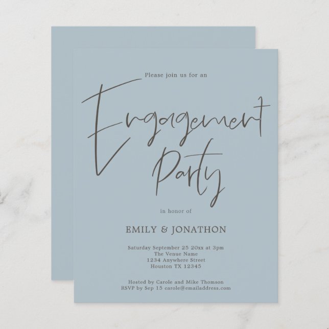 Budget Script Engagement Party Dusty Blue Invite (Front/Back)