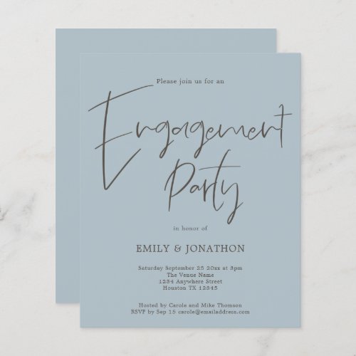 Budget Script Engagement Party Dusty Blue Invite