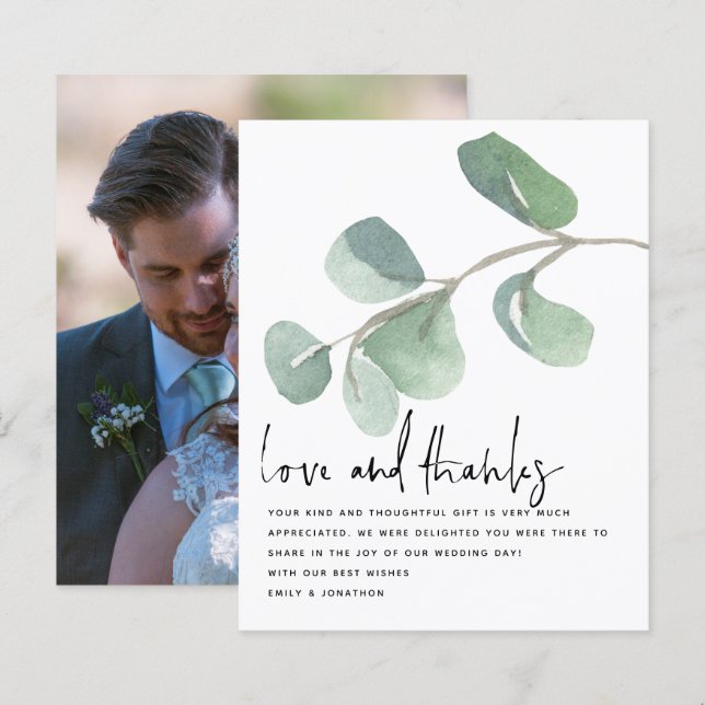 Budget Script Eucalptus Newlywed Photo Thank You (Front/Back)